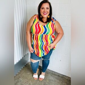 Multicolor Wavy Stripe Shoulder Tie Detail Top